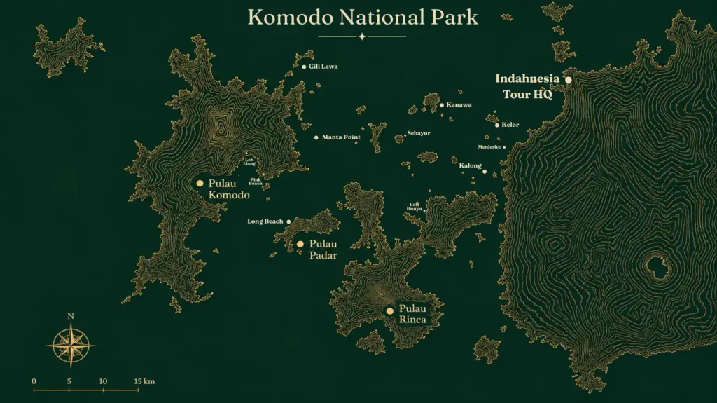 Map of the Komodo National Park sailing route from Labuan Bajo